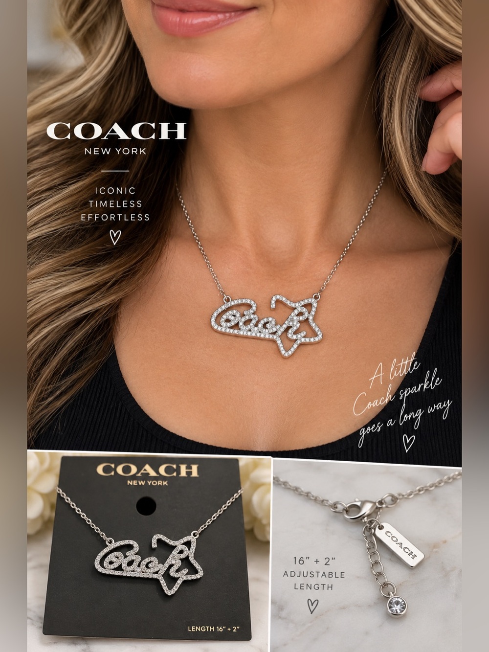 Coach Silver Crystal Script Star Pendant Necklace 16” + 2”